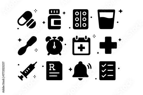 Medication Reminder Icons. Medication Reminders. Solid icons set of Medication Reminders: pill capsule, pill bottle, blister pack, water glass, dosage spoon,