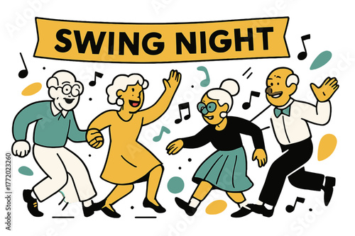 Swing Dance Celebration. Old age ? Community dance night. Quick footwork and big smiles; music notes scatter like confetti around swinging arms. A banner