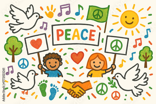 Colorful Peaceful Protest. Peaceful protest. Colorful Hand-drawn doodle Children illustration Peaceful protest signs, doves, banners, hearts, smiling faces,