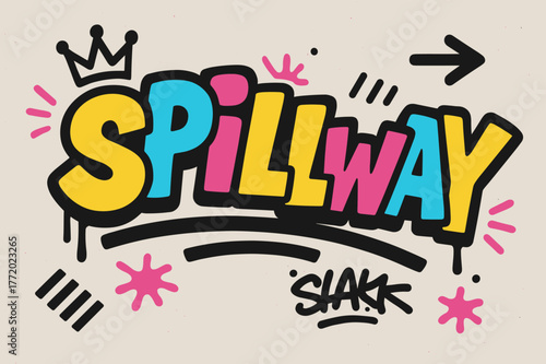 Graffiti Spillway Art. Urban Spillway ? Graffiti Simplified; thick bubble/block letters on a tilted baseline; flat spray fills with bold outline and a few tidy