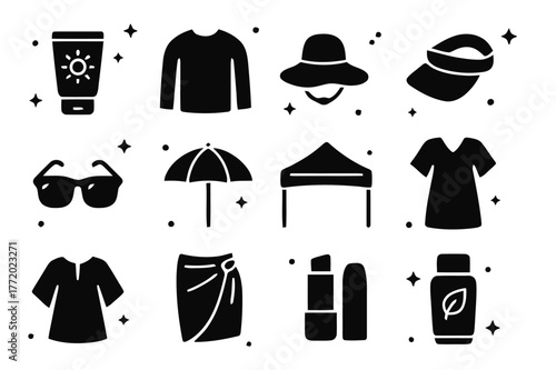 Sun Protection Icons. Sun protection and coverups. Solid icons set of Sun protection and coverups: sunscreen tube, UPF shirt, wide-brim hat, visor, sunglasses,