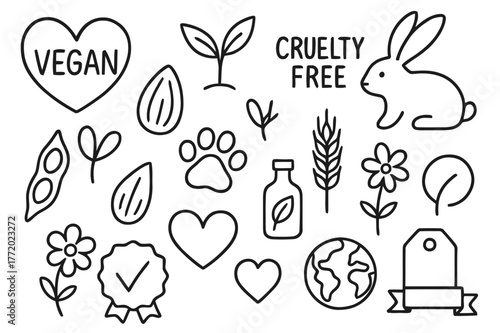 Vegan Label Icons. Vegan and cruelty-free labels. Hand-drawn doodle illustration Vegan and cruelty-free labels leaf heart, plant sprout, bunny outline, paw