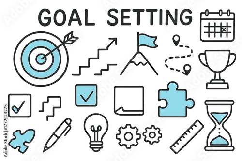 Doodles of Goal Setting. // Goal setting. Hand-drawn doodle illustration goal setting [bullseye (accented), arrow hit (accented), staircase steps, roadmap,