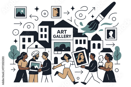Vibrant Art Exchange. The art market's influence on society. A cityscape filled with art galleries, people from different cultures exchanging art pieces, a