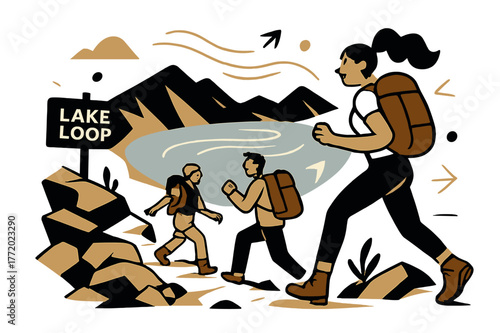 Alpine Hike Panorama. Trail to alpine overlook. Hikers crest a rocky switchback; a tiny sign points ?Lake Loop?. Wind lines ribbon across a panoramic blue bowl