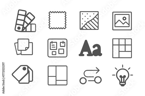 Mood Board Icons. Mood Boards. Line icon set of Mood Boards: color palette, fabric swatch, texture pattern, inspiration photo, sticky notes,