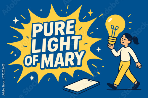 Radiant Mary Banner. Pure Light of Mary banner, flat vector illustration, bold oversized text inside splash explosion banner, cartoon characters walking and