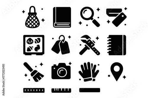 Shell Collecting Toolkit. Shell Collecting Tools. Solid icons set of Shell Collecting Tools: mesh bag, field guide, magnifying glass, specimen box, labeling