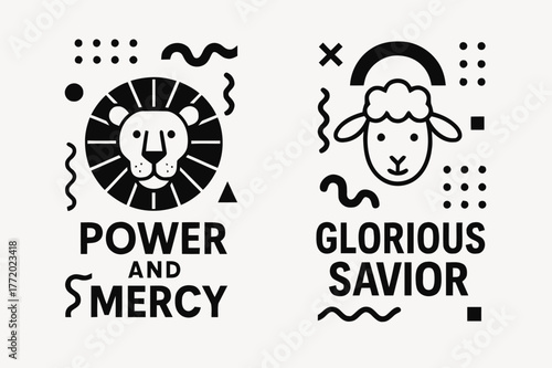 Lion and Lamb Banners. Lion and Lamb. Two vertical A6 banners with safe margins, centered composition, no elements touching edges, memphis, black and white,