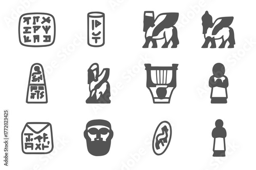 Mesopotamian Relics Icons. Mesopotamian relics. Line icon set of Mesopotamian relics: cuneiform tablet, cylinder seal, winged bull relief, lamassu figurine,