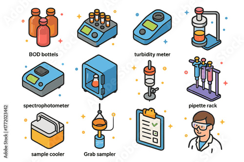 Colorful Wastewater Lab Icons. Wastewater laboratory testing. Colorful isometric vector icons set of Wastewater laboratory testing: BOD bottles, COD reactor,