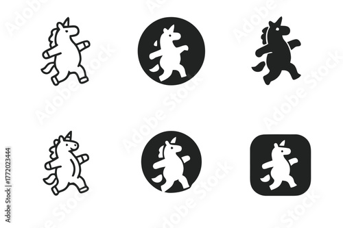 Costume Party Logos. people wearing funny costumes at a costume party. Set Logo of people wearing funny costumes at a costume party: Unicorn onesie prancing.