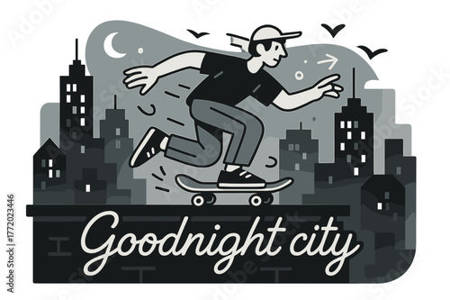 Skater's City Escape. City skyline at dusk. A skateboarder rolls along a rooftop edge while windows blink on; neon ?Goodnight city? hums softly. Birds stitch a