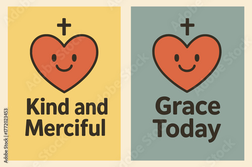 Kind and Graceful Banners. Mercy. Two vertical A6 banners with safe margins, centered composition, no elements touching edges, cartoon, lemon and slate,