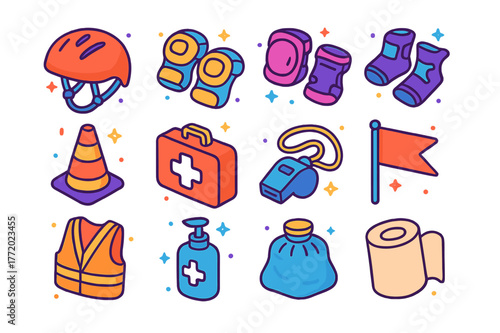 Playground Safety Icons. playground safety gear. Colorful isometric vector icons set of playground safety gear: helmet, knee pads, elbow pads, wrist guards,