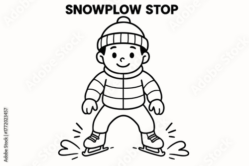Snowplow Stop Coloring Page. Snowplow stop technique children?s coloring book illustration, outlined drawing, a child pressing skate tips inward with small