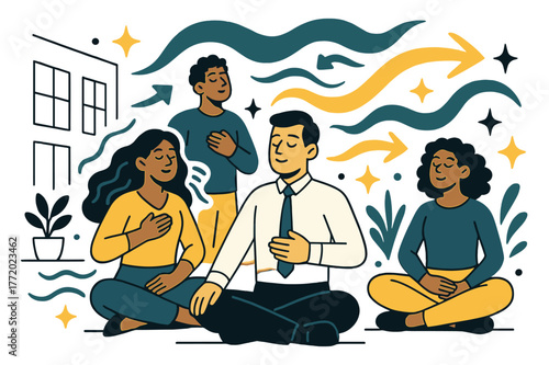 Mindful Office Escape. Digital detox for employees. Team practicing breathing exercises in office courtyard with abstract floating waves, arrows, and sparkles;