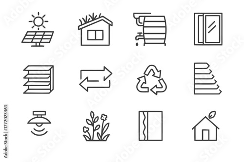 Sustainable Architecture Icons. Sustainable Architecture. Line icon set of Sustainable Architecture: solar panel, green roof, rain barrel, double glazing,