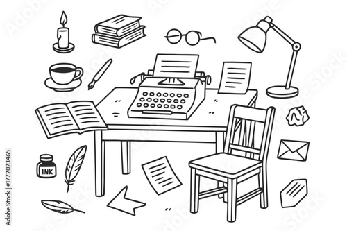 Writer's Desk Doodles. Writer?s desk. Hand-drawn doodle illustration writer?s desk notebook, pen, typewriter, coffee cup, papers, glasses, candle, ink bottle,