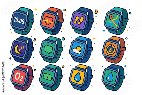 Smartwatch Icon Set. Smartwatch features. Colorful isometric vector icons set of Smartwatch features: digital watch face, heart rate graph, step counter, GPS