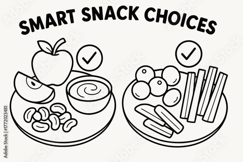 Healthy Snack Choices. Smart snack choices children?s coloring book illustration, outlined drawing, two small plates showing nuts, yogurt, fruit, and veggie