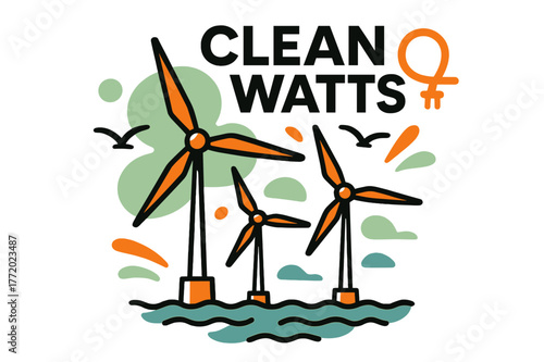 Wind Turbine Harmony. Offshore Wind Turbines. Slow-blade giants turn above gentle waves as seabirds trace tidy arcs; ?Clean Watts? hovers near a cable icon.