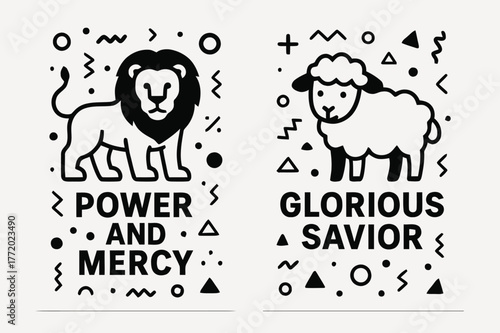 Lion and Lamb Banners. Lion and Lamb. Two vertical A6 banners with safe margins, centered composition, no elements touching edges, memphis, black and white,
