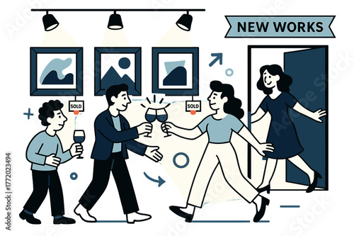 Artistic Gallery Vibrance. Gallery opening night. Spotlights bloom over framed pieces while guests clink glasses; ?New works? ribbon greets at the door. Red