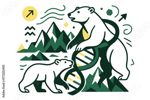 Arctic Harmony. Arctic evolution. DNA chain intertwined with polar bears and glaciers, cold wind flowing through geometric ice shapes. Strength through