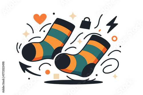 Dynamic Sock Fashion. Socks. Pair of socks rolling on floor with abstract floating icons, lines, and sparkles; emphasizes casual lifestyle, comfort, and