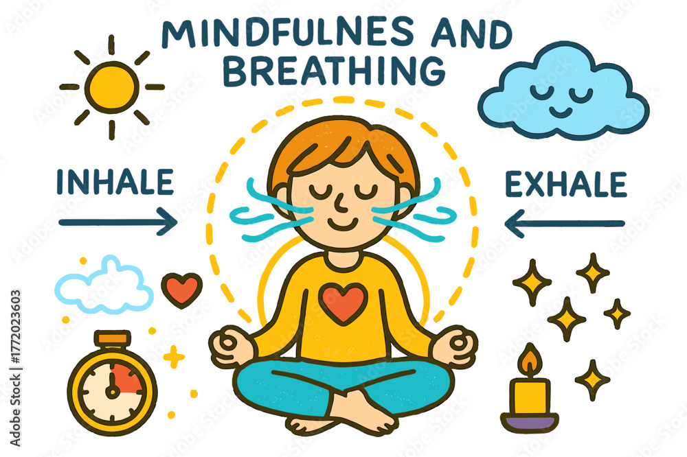 Fototapeta premium Mindful Breathing Doodle. Mindfulness and breathing. Colorful Hand-drawn doodle Children illustration Mindfulness and breathing calm person, breath lines,
