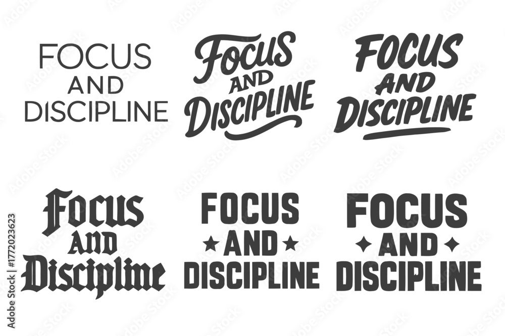 Obraz premium Creative Lettering Grid. Focus and discipline. Set lettering. harmonious lettering variations of the same emblematic concept, each with different artistic