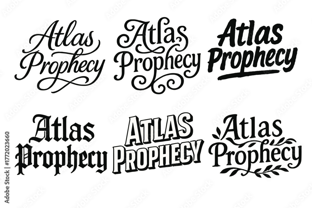 Fototapeta premium Atlas Prophecy Lettering. Atlas Prophecy. Set lettering. harmonious lettering variations of the same emblematic concept, each with different artistic