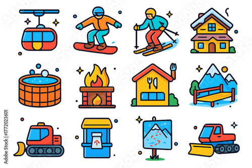 Alpine Resort Icons. Alpine resort. Colorful isometric vector icons set of alpine resort: ski lift, snowboarder, skier, chalet, hot tub, fireplace, restaurant,