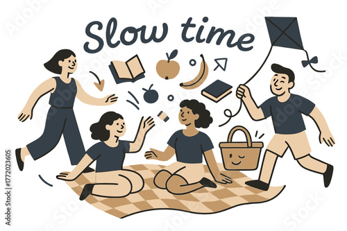 Cheerful Picnic Scene. Picnic on the grass. A checkered blanket opens like a smile as fruit and books float into place; ?Slow time? curls above. A kite string