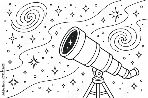 Space Telescope Adventure. Deep space observation scene children?s coloring book illustration, outlined drawing, a space telescope zooming into distant