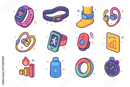 Colorful Fitness Icons. Fitness wearables. Colorful isometric vector icons set of Fitness wearables: fitness tracker, chest strap sensor, ankle tracker,
