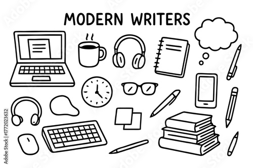 Modern Writer's Tools. Modern writers. Hand-drawn doodle illustration modern writers laptop, keyboard, coffee mug, headphones, notebook, pen, smartphone,