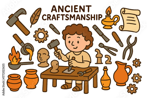 Ancient Craftsmanship Doodles. Ancient craftsmanship. Colorful Hand-drawn doodle Children illustration Ancient craftsmanship artisan, workbench, hammer,