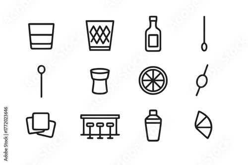 Bar Icon Collection. Bar setup. Line icon set of bar setup: whiskey glass, crystal glass, ice cubes, bottle, cocktail stirrer, cork, lemon slice, olive,