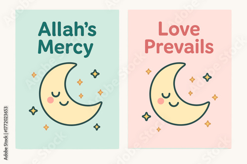 Mint Pink Banners. Mercy & Love. Two vertical A6 banners with safe margins, centered composition, no elements touching edges, cartoon, pastel mint and pink,