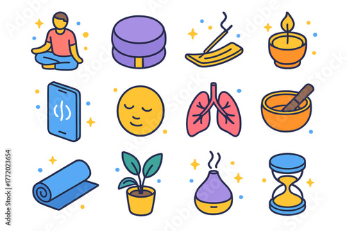 Meditation Icon Set. Meditating or practicing deep breathing. Colorful isometric vector icons set of meditating or practicing deep breathing: person in lotus