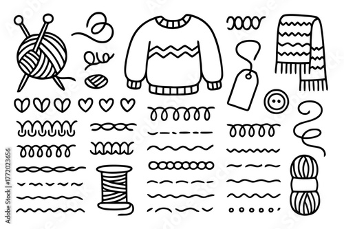 Knitted Pattern Doodle. Knitted patterns. Hand-drawn doodle illustration knitted patterns yarn ball, needles, loops, stitch lines, sweater, scarf, zigzag,