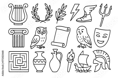 Classical Mythology Icons. Classical mythology in literature. Hand-drawn doodle illustration Classical mythology in literature lyre, laurel wreath, olive