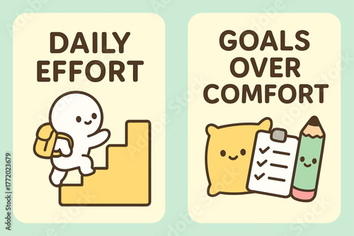 Kawaii Motivation Banners. Daily effort. Two vertical A6 banners with safe margins, centered composition, no elements touching edges, kawaii, pastel mint and