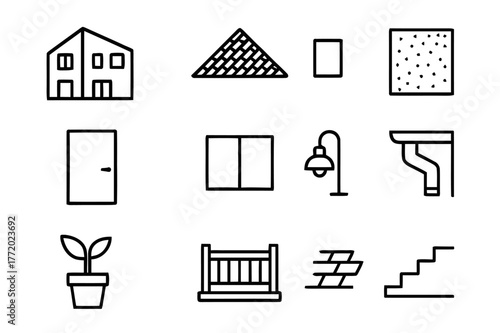 Black Exterior Icon Set. Black Exterior. Line icon set of Black Exterior: modern house facade, dark roof, matte wall texture, steel door, minimalist windows,