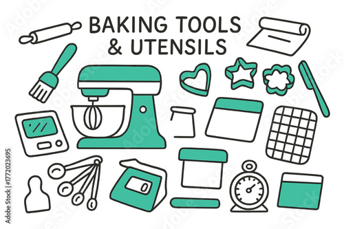 Baking Tools Doodle. // Baking tools & utensils. Hand-drawn doodle illustration Baking tools & utensils [stand mixer (accented), rolling pin, pastry brush