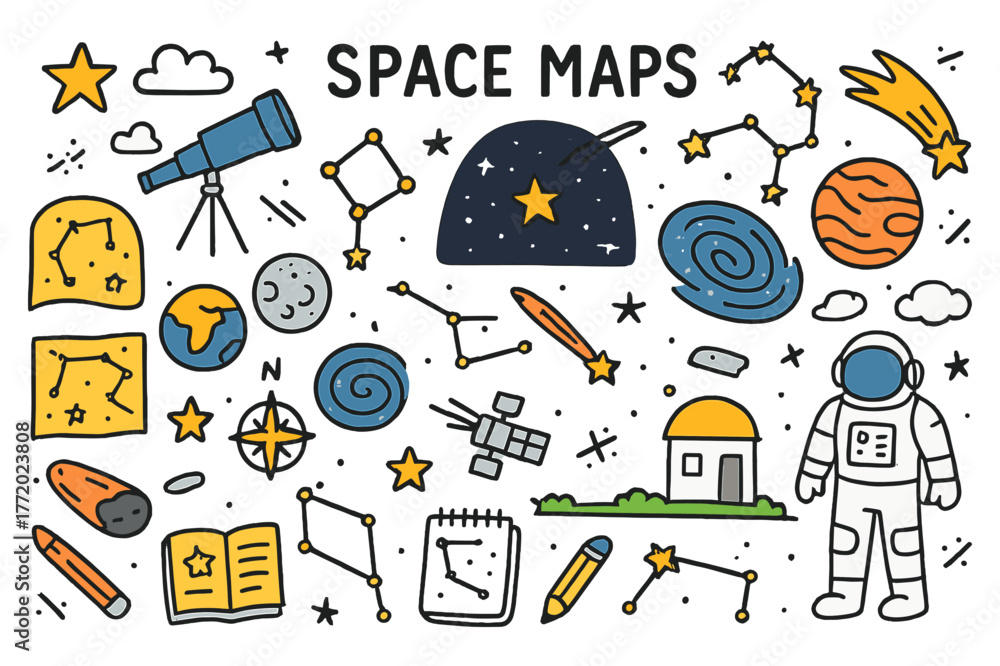 Fototapeta premium Colorful Space Doodles. Space maps. Hand-drawn doodle illustration constellations (colored), stars (colored), planets (colored), moon (colored), telescope