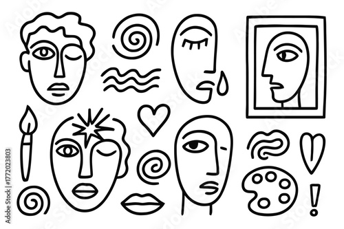 Expressionist Portraits Doodles. Expressionist portraits. Hand-drawn doodle illustration expressionist portraits face outline, eye, brush stroke, spiral, wave,
