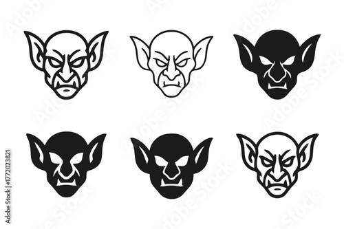 Fairy-Tale Creatures Logos. fairy-tale creatures. Set Logo of fairy-tale creatures: Goblin mask sigil. Icon set. harmonious logo variations of the same